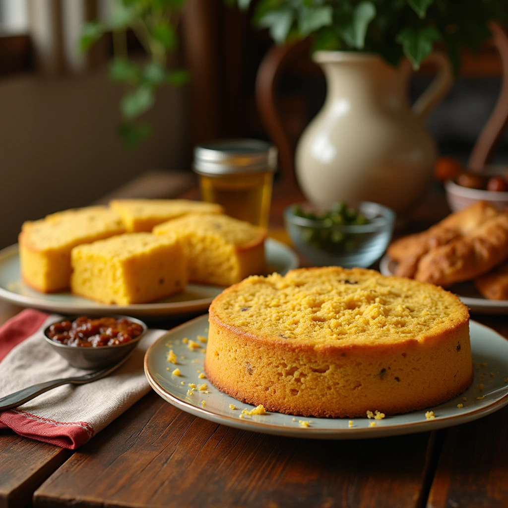 Two types of Southern cornbread: one sweet, golden-brown, and cake-like, served with chili and barbecue, and one savory, rustic, and crumbly, served with collard greens and fried chicken