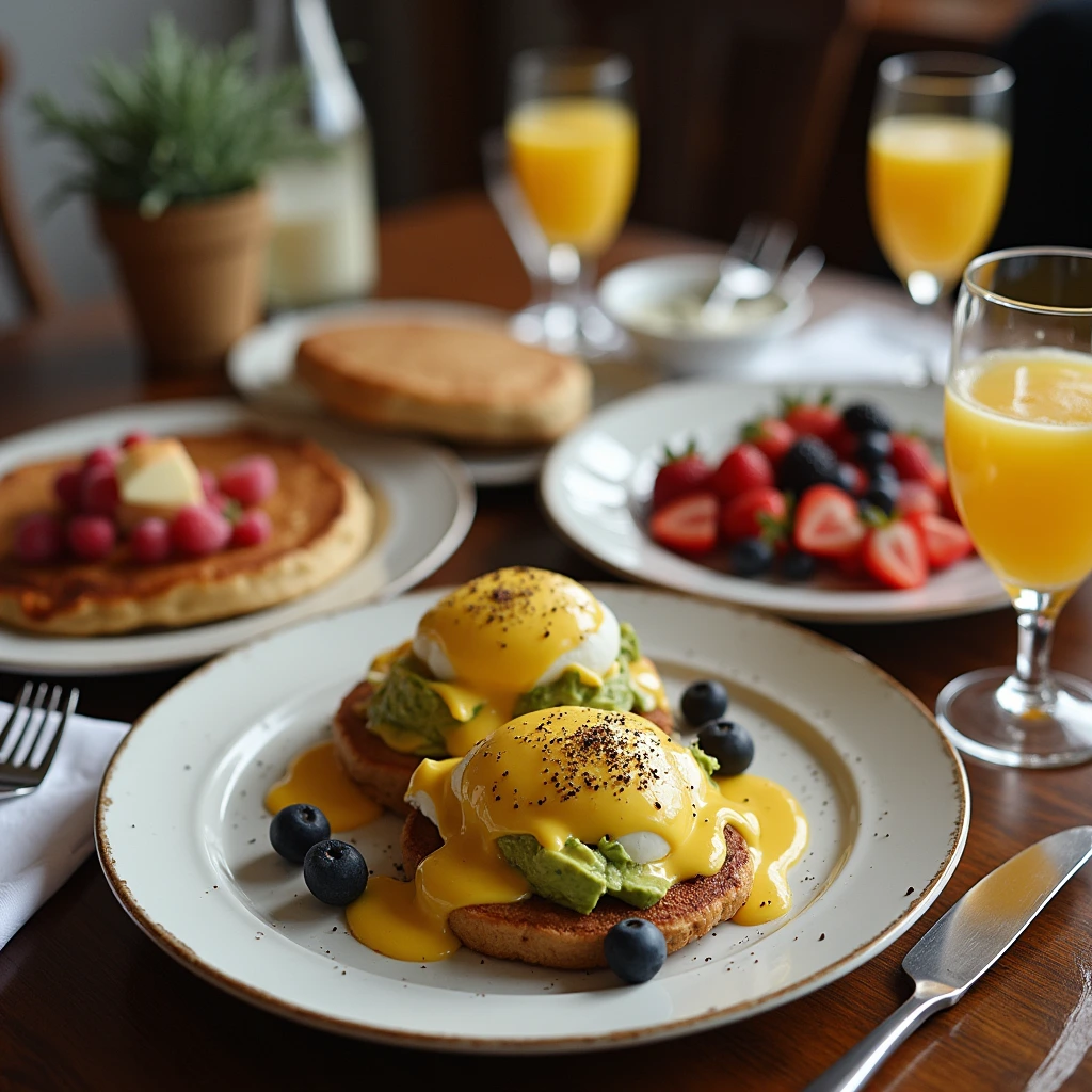 Brunch table with a variety of popular dishes including Eggs Benedict, avocado toast, pancakes with berries, and mimosas, arranged in a cozy setting