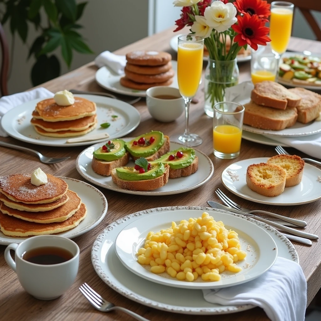 A beautifully set breakfast brunch table featuring pancakes, scrambled eggs, avocado toast, mimosas, and fresh flowers.