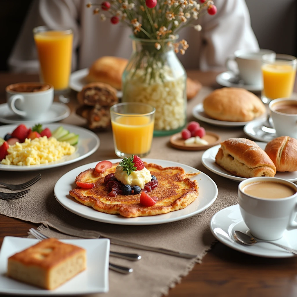 A beautifully set brunch table with pancakes, scrambled eggs, fresh fruit, pastries, coffee cups, glasses of juice, and a decorative centerpiece.