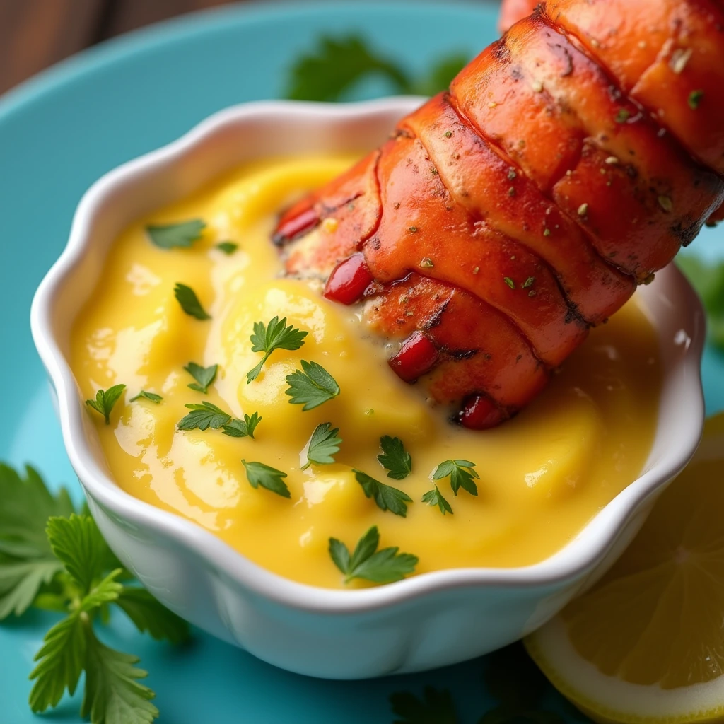 Lobster tail being dipped into creamy mango salsa with herbs and lemon slices on a blue plate