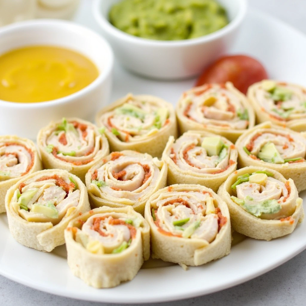 A plate of neatly arranged Turkey and Cheese Roll-Ups with dipping sauces like mustard and guacamole, perfect for a healthy snack or appetizer.