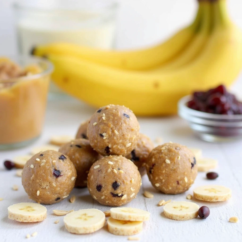 Healthy snack spread with PB&J Banana Bites, various nut butters, fresh banana slices, and fruit jams in the background.
