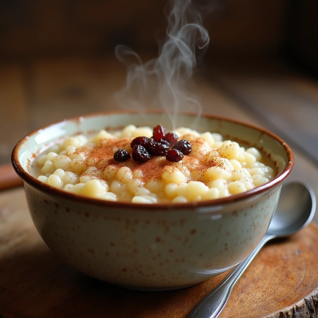 A warm bowl of classic rice pudding topped with cinnamon and raisins, placed on a rustic wooden table with a spoon beside it.